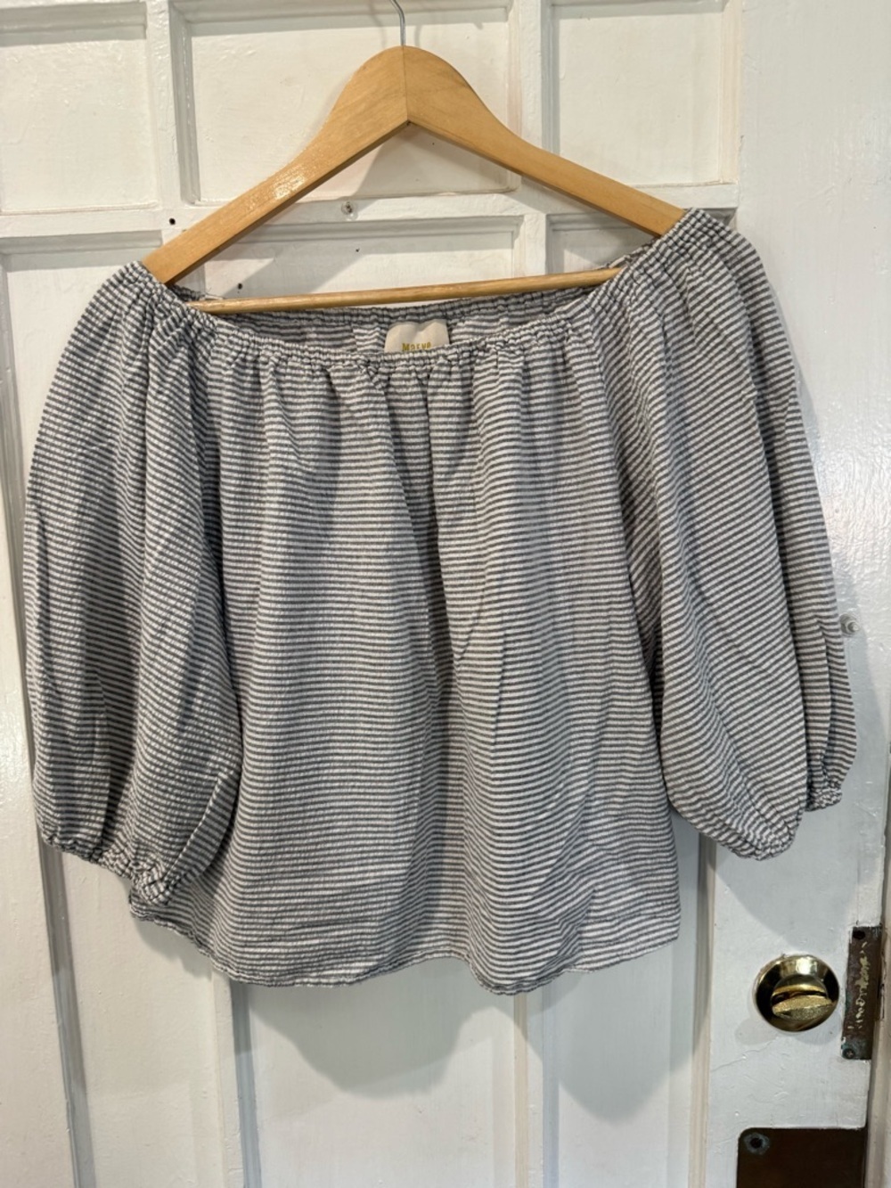 Anthropologie Off-Shoulder Striped Blouse in White and Gray